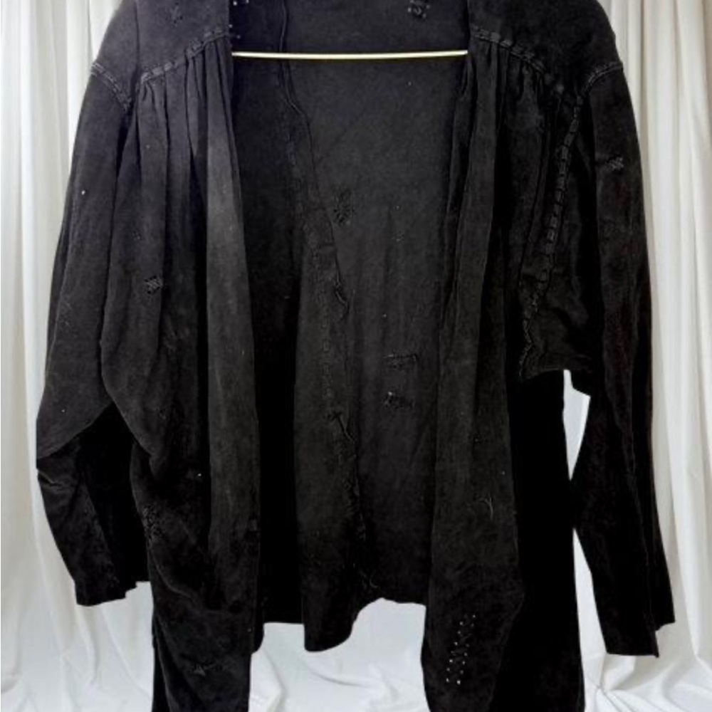 VINTAGE ERDA BLACK SUEDE DEERSKIN HIPPY OPENWORK SKIRT SUIT w/ FRINGE